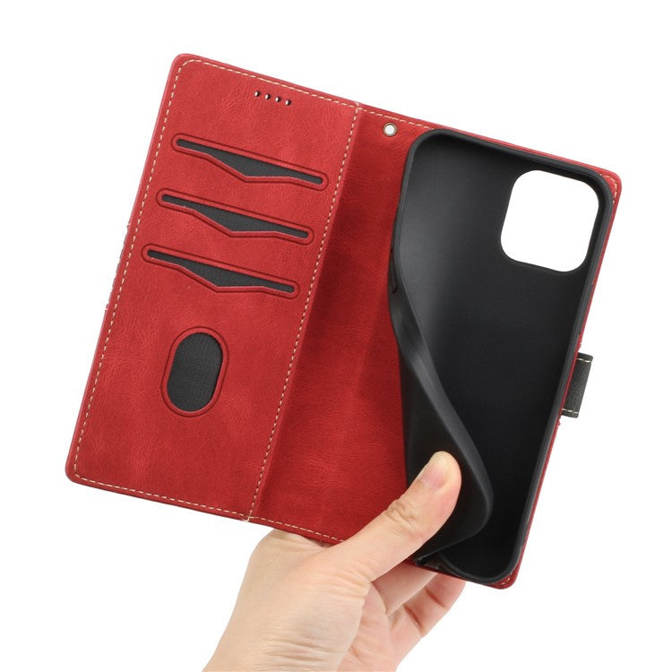 For iPhone 16 Pro Case with Hand Strap Grid Splicing Leather Phone Wallet Cover - Red