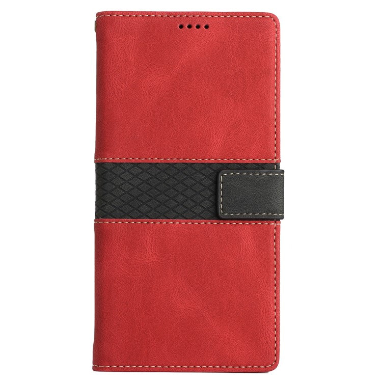 For iPhone 16 Pro Case with Hand Strap Grid Splicing Leather Phone Wallet Cover - Red