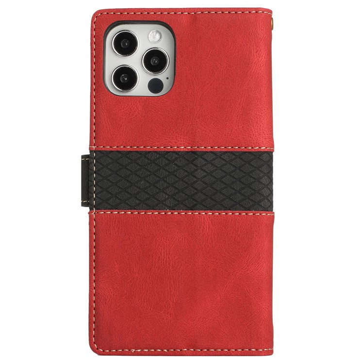For iPhone 16 Pro Case with Hand Strap Grid Splicing Leather Phone Wallet Cover - Red