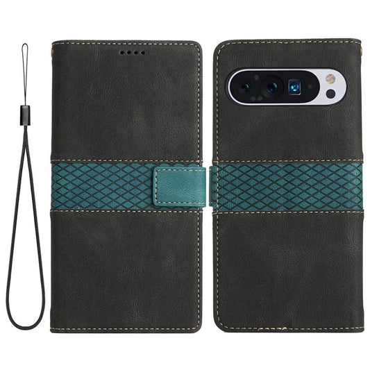 For Google Pixel 9 Pro / Pixel 9 Case Wallet PU Leather Phone Cover Grid Splicing - Black