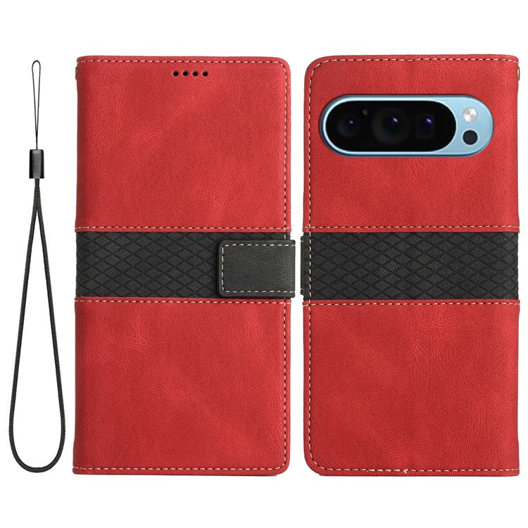 For Google Pixel 9 / 9 Pro Case Grid Splicing Wallet Card Slots PU Leather Phone Cover - Red