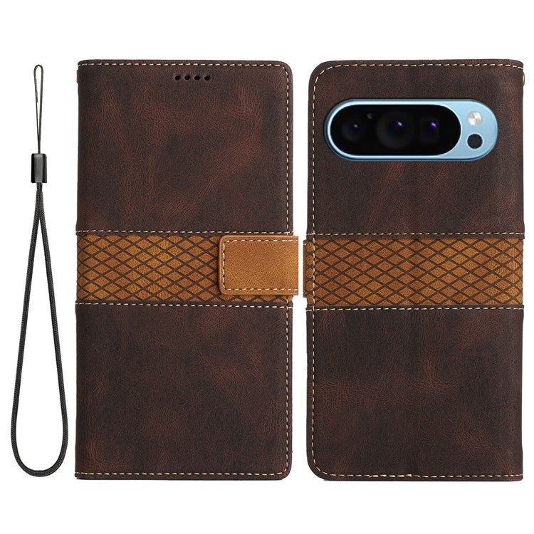For Google Pixel 9 / 9 Pro Case Grid Splicing Wallet Card Slots PU Leather Phone Cover - Brown