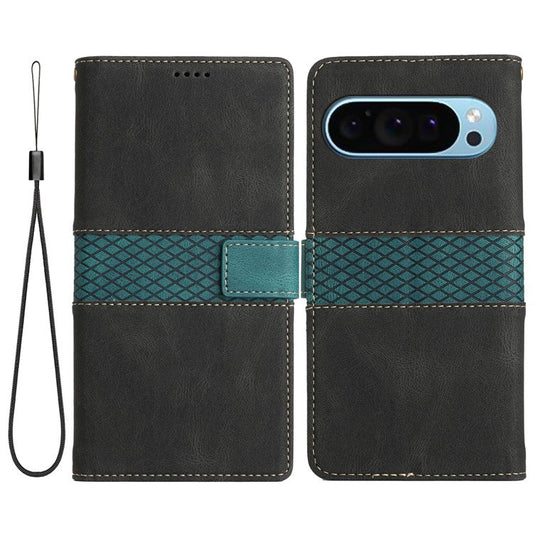 For Google Pixel 9 / 9 Pro Case Grid Splicing Wallet Card Slots PU Leather Phone Cover - Black