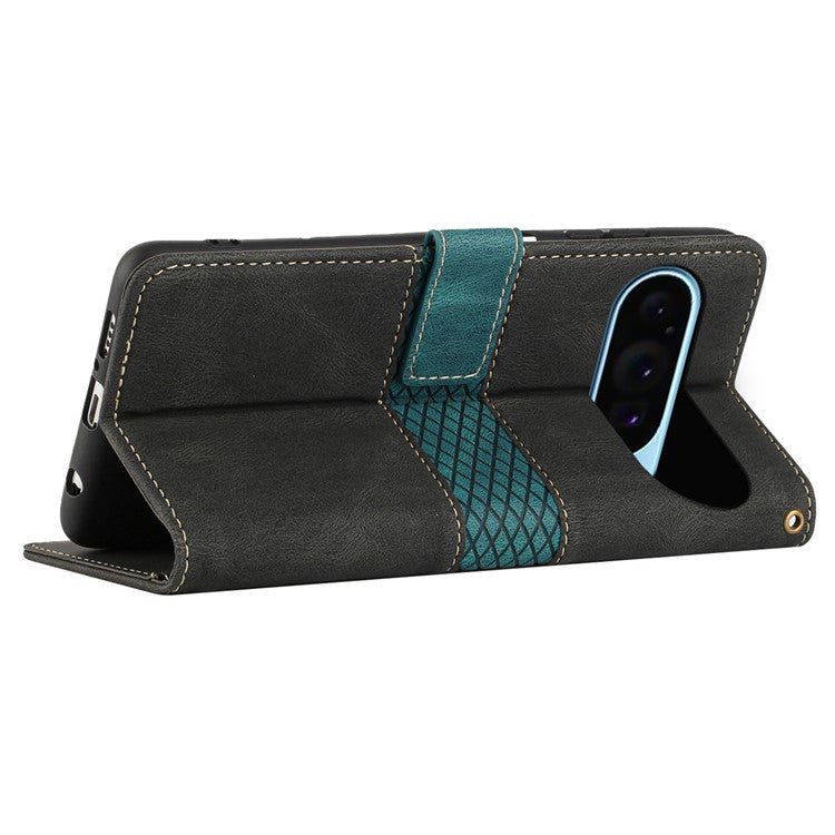 For Google Pixel 9 / 9 Pro Case Grid Splicing Wallet Card Slots PU Leather Phone Cover - Black