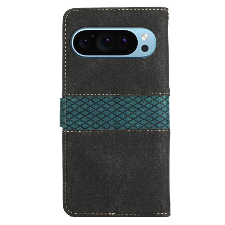 For Google Pixel 9 / 9 Pro Case Grid Splicing Wallet Card Slots PU Leather Phone Cover - Black