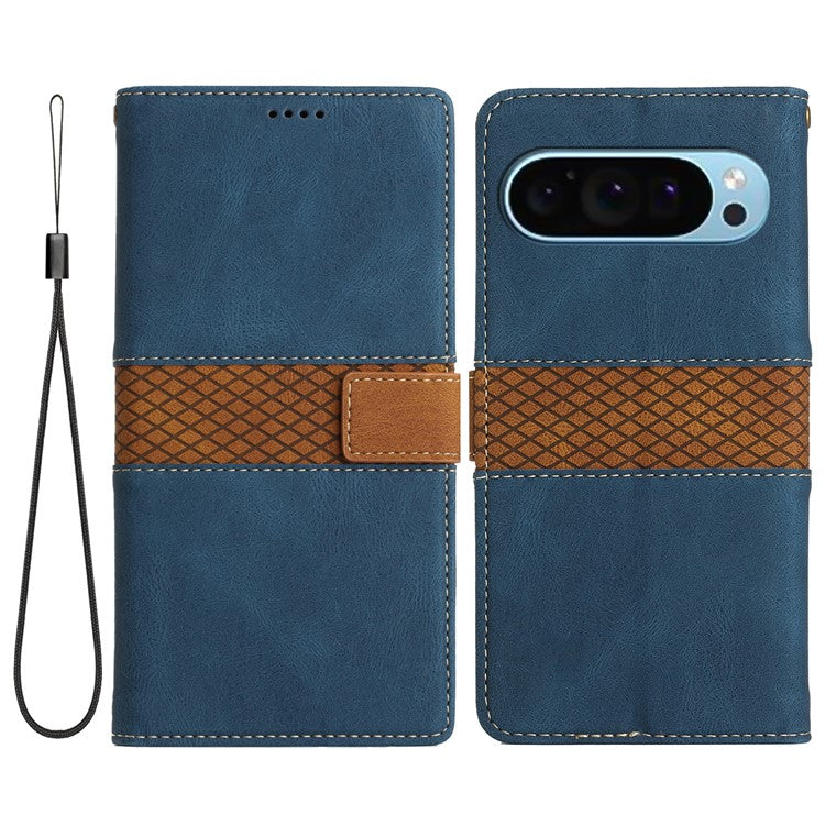 For Google Pixel 9 / 9 Pro Case Grid Splicing Wallet Card Slots PU Leather Phone Cover - Blue
