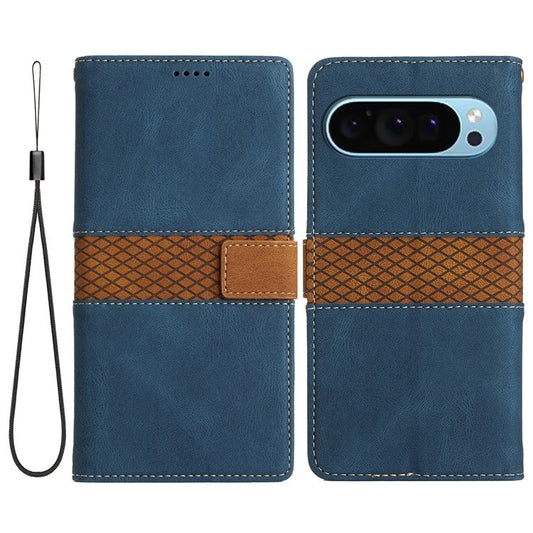 For Google Pixel 9 / 9 Pro Case Grid Splicing Wallet Card Slots PU Leather Phone Cover - Blue