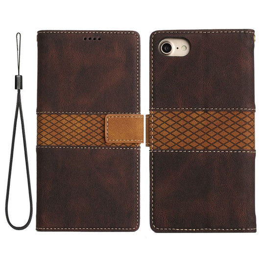 For iPhone 16e Wallet Case Grid Splicing Card Slots PU Leather Phone Cover - Brown