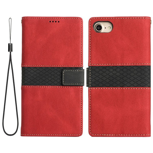 For iPhone 16e Wallet Case Grid Splicing Card Slots PU Leather Phone Cover - Red