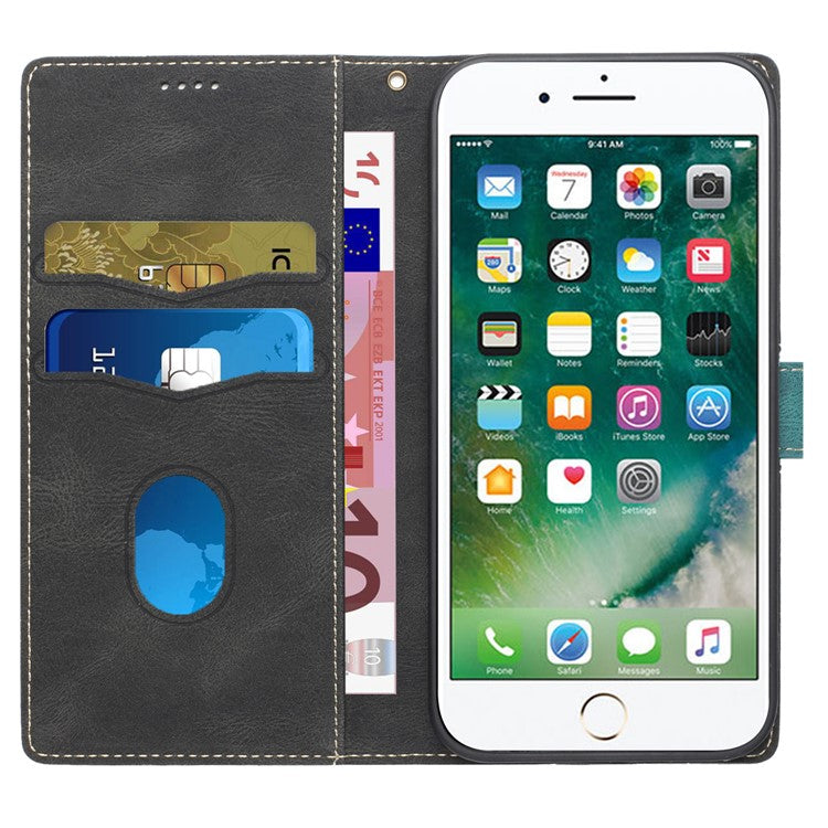 For iPhone 16e Wallet Case Grid Splicing Card Slots PU Leather Phone Cover - Black