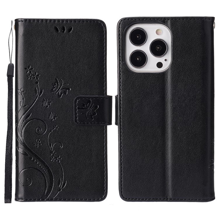 For iPhone 16 Pro Case Shockproof Butterfly Floral Leather Flip Phone Cover - Black