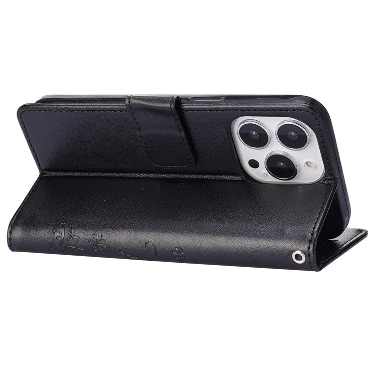 For iPhone 16 Pro Case Shockproof Butterfly Floral Leather Flip Phone Cover - Black