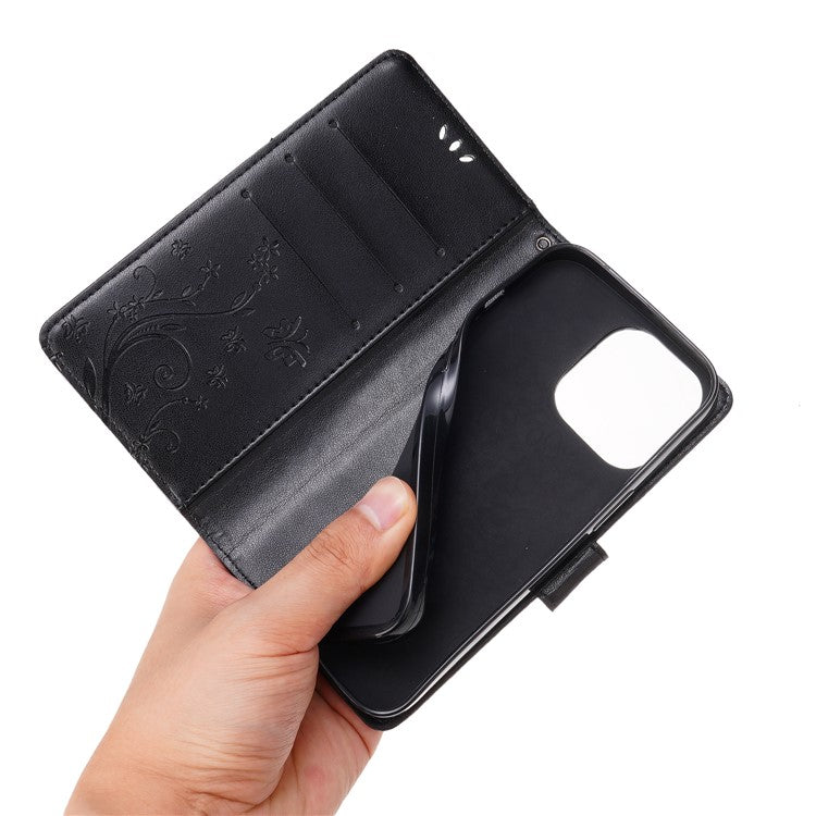 For iPhone 16 Pro Case Shockproof Butterfly Floral Leather Flip Phone Cover - Black
