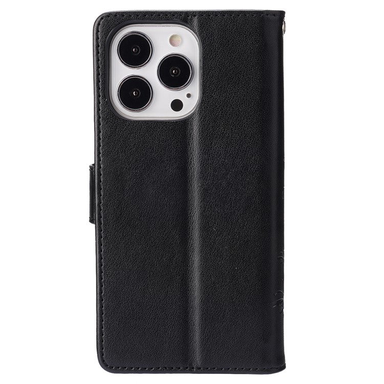For iPhone 16 Pro Case Shockproof Butterfly Floral Leather Flip Phone Cover - Black