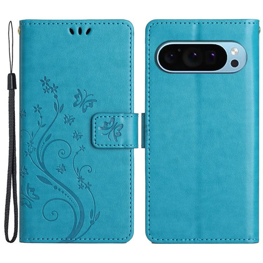 For Google Pixel 9 Pro / Pixel 9 Case Leather Butterfly Floral Design Flip Wallet Phone Cover - Blue