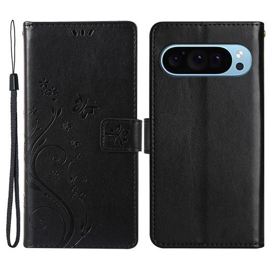For Google Pixel 9 Pro / Pixel 9 Case Leather Butterfly Floral Design Flip Wallet Phone Cover - Black