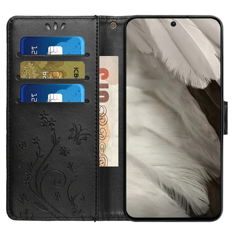 For Google Pixel 9 Pro / Pixel 9 Case Leather Butterfly Floral Design Flip Wallet Phone Cover - Black