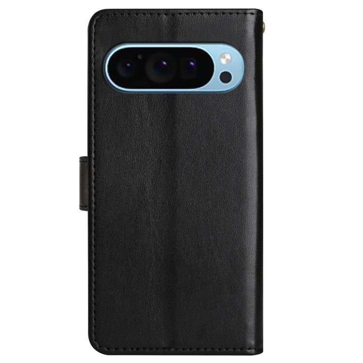 For Google Pixel 9 Pro / Pixel 9 Case Leather Butterfly Floral Design Flip Wallet Phone Cover - Black