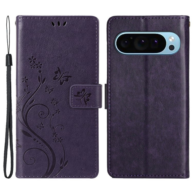 For Google Pixel 9 Pro / Pixel 9 Case Leather Butterfly Floral Design Flip Wallet Phone Cover - Dark Purple