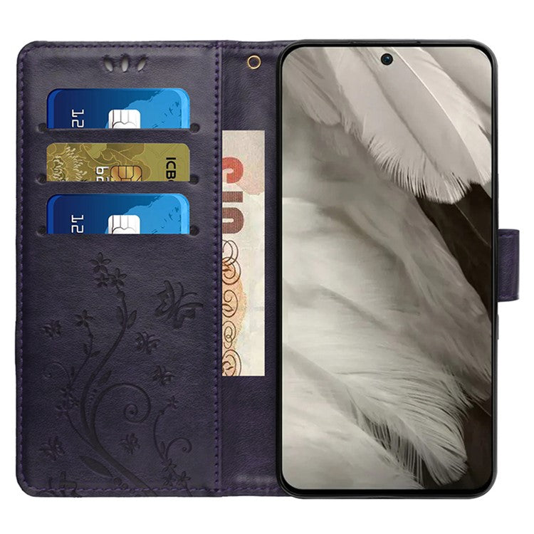 For Google Pixel 9 Pro / Pixel 9 Case Leather Butterfly Floral Design Flip Wallet Phone Cover - Dark Purple