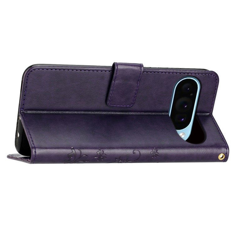 For Google Pixel 9 Pro / Pixel 9 Case Leather Butterfly Floral Design Flip Wallet Phone Cover - Dark Purple