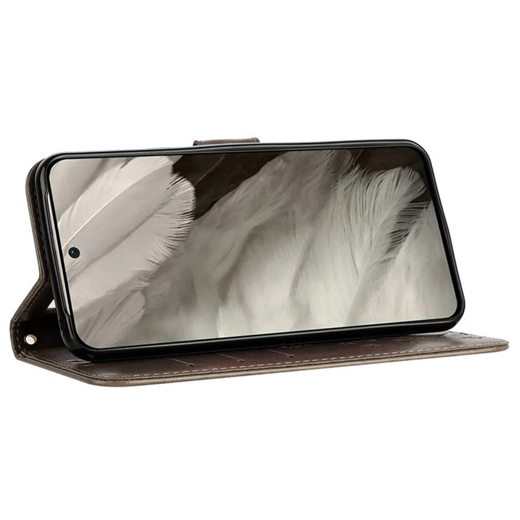 For Google Pixel 9 Pro / Pixel 9 Case Leather Butterfly Floral Design Flip Wallet Phone Cover - Grey