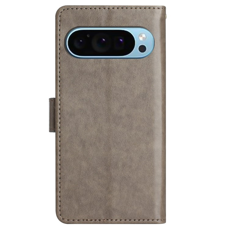 For Google Pixel 9 Pro / Pixel 9 Case Leather Butterfly Floral Design Flip Wallet Phone Cover - Grey