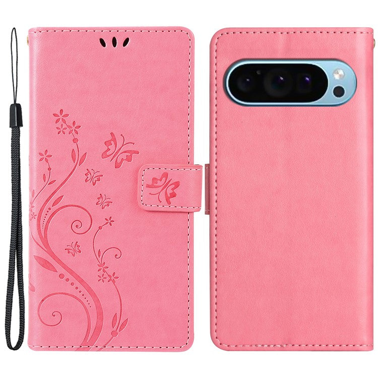 For Google Pixel 9 Pro / Pixel 9 Case Leather Butterfly Floral Design Flip Wallet Phone Cover - Pink