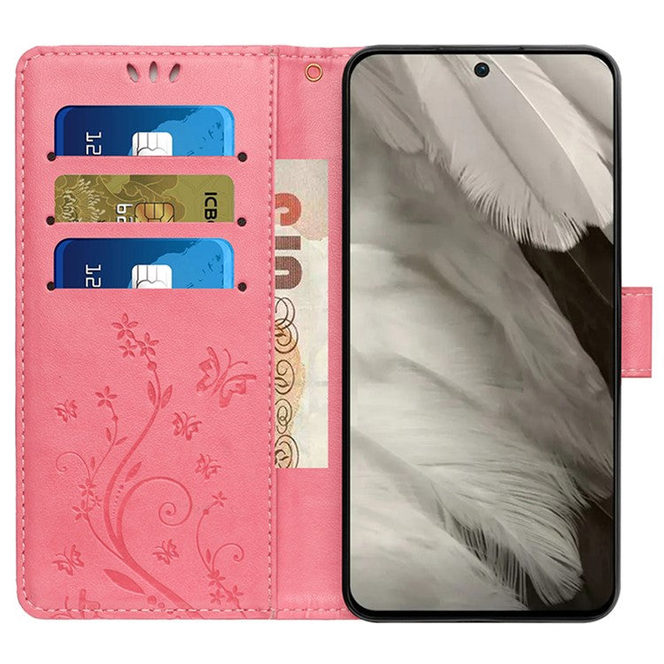 For Google Pixel 9 Pro / Pixel 9 Case Leather Butterfly Floral Design Flip Wallet Phone Cover - Pink