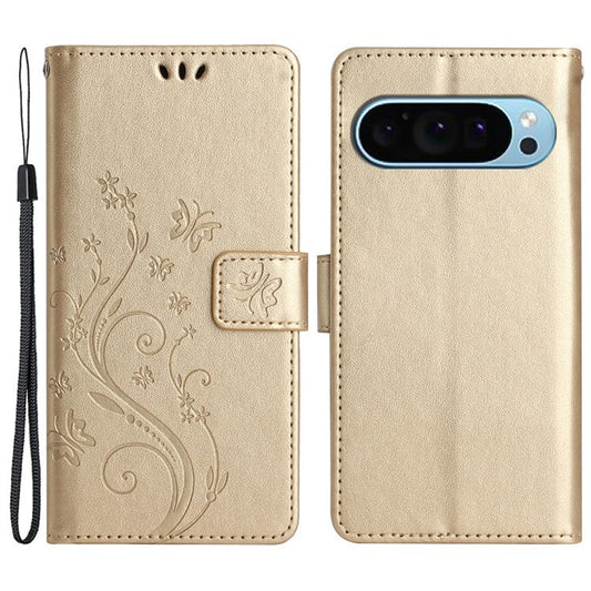 For Google Pixel 9 Pro / Pixel 9 Case Leather Butterfly Floral Design Flip Wallet Phone Cover - Gold