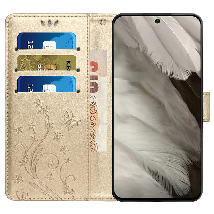 For Google Pixel 9 Pro / Pixel 9 Case Leather Butterfly Floral Design Flip Wallet Phone Cover - Gold