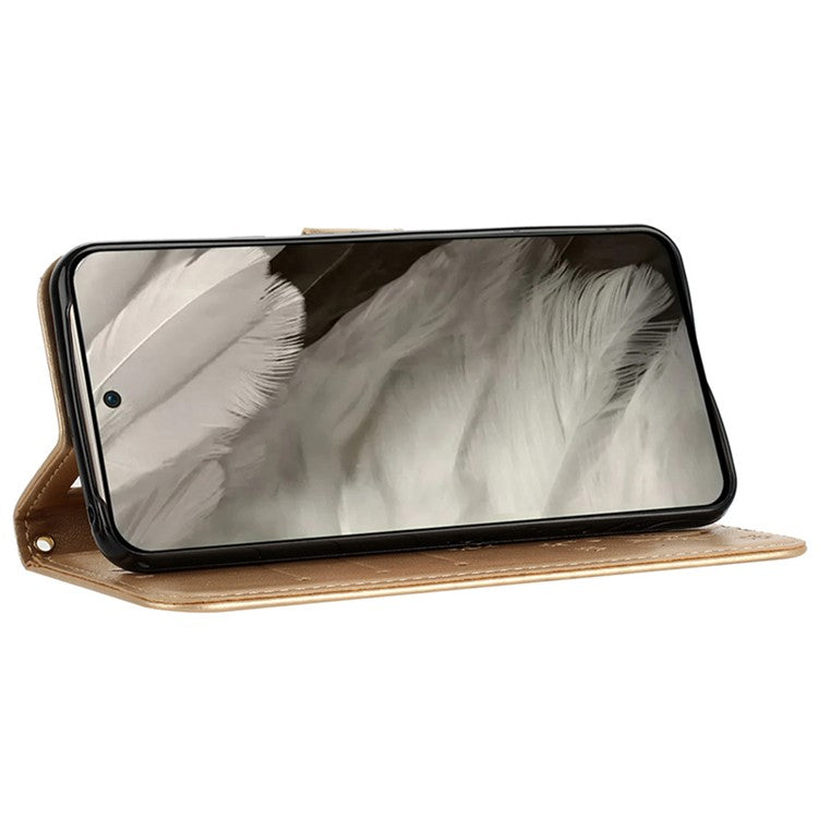For Google Pixel 9 Pro / Pixel 9 Case Leather Butterfly Floral Design Flip Wallet Phone Cover - Gold