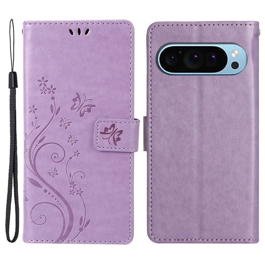 For Google Pixel 9 Pro / Pixel 9 Case Leather Butterfly Floral Design Flip Wallet Phone Cover - Light Purple