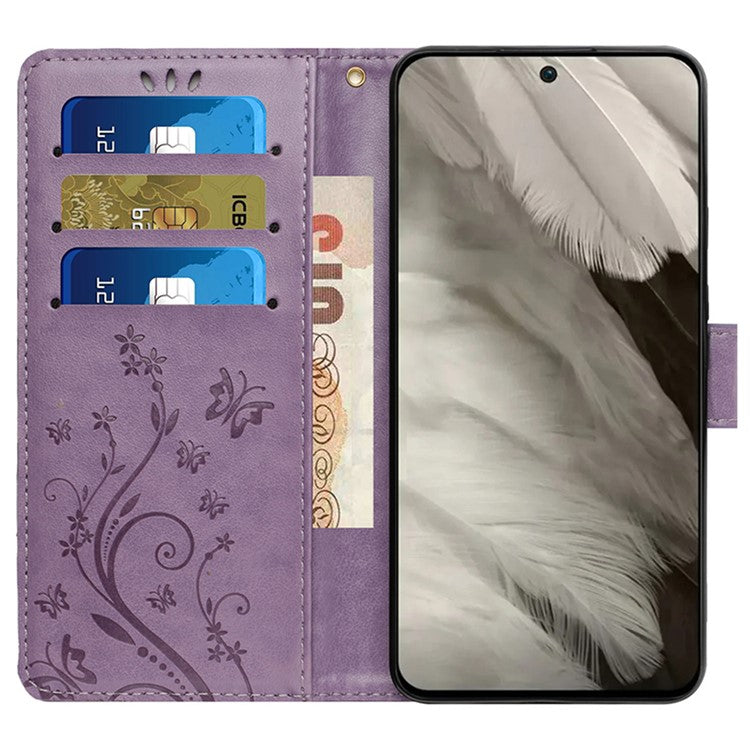 For Google Pixel 9 Pro / Pixel 9 Case Leather Butterfly Floral Design Flip Wallet Phone Cover - Light Purple