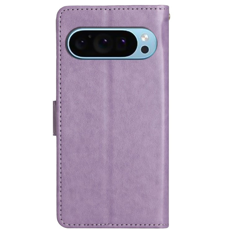 For Google Pixel 9 Pro / Pixel 9 Case Leather Butterfly Floral Design Flip Wallet Phone Cover - Light Purple