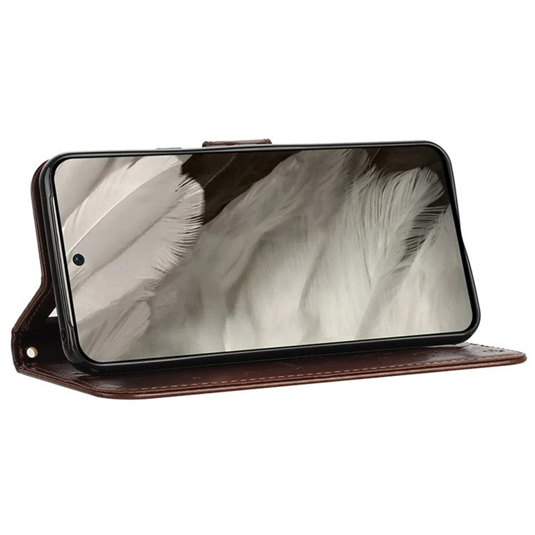 For Google Pixel 9 Pro / Pixel 9 Case Leather Butterfly Floral Design Flip Wallet Phone Cover - Brown