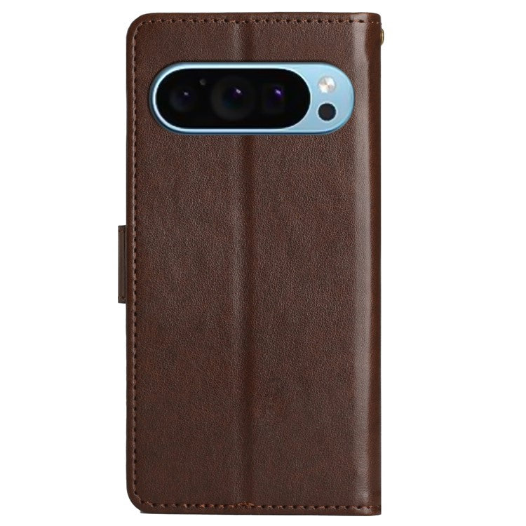 For Google Pixel 9 Pro / Pixel 9 Case Leather Butterfly Floral Design Flip Wallet Phone Cover - Brown