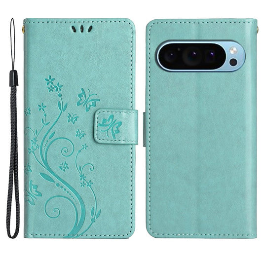 For Google Pixel 9 Pro / Pixel 9 Case Leather Butterfly Floral Design Flip Wallet Phone Cover - Baby Blue
