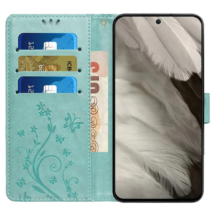 For Google Pixel 9 Pro / Pixel 9 Case Leather Butterfly Floral Design Flip Wallet Phone Cover - Baby Blue