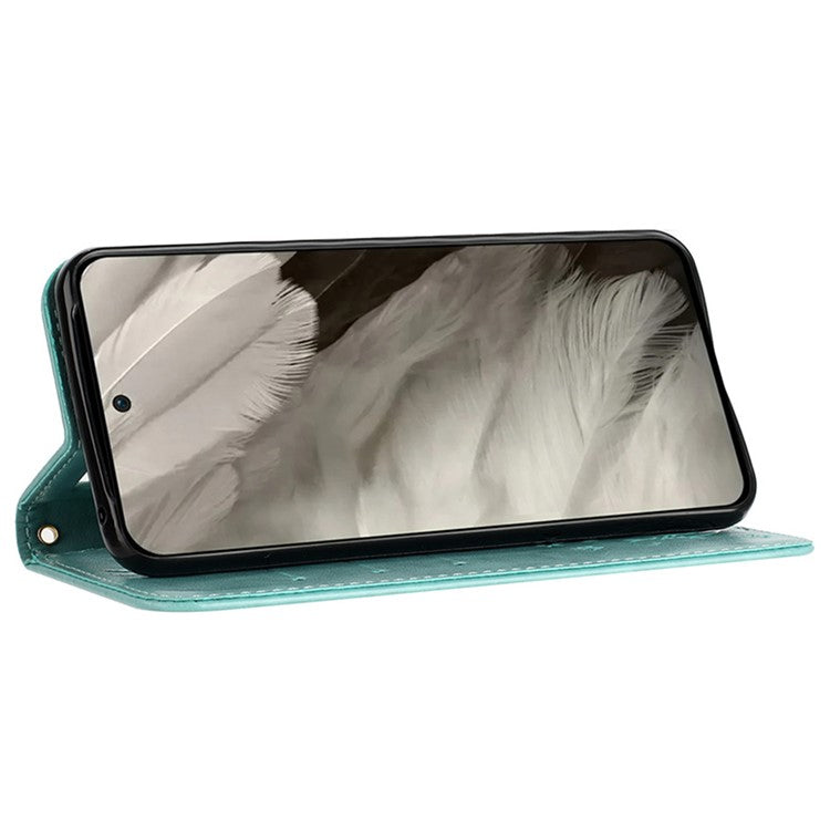 For Google Pixel 9 Pro / Pixel 9 Case Leather Butterfly Floral Design Flip Wallet Phone Cover - Baby Blue