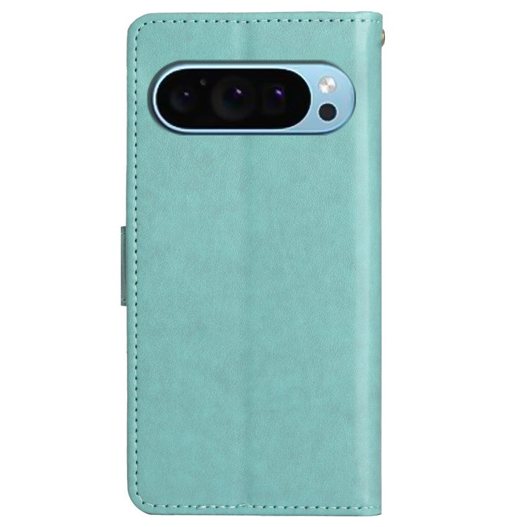 For Google Pixel 9 Pro / Pixel 9 Case Leather Butterfly Floral Design Flip Wallet Phone Cover - Baby Blue