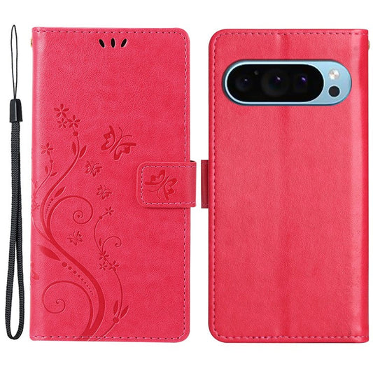 For Google Pixel 9 Pro / Pixel 9 Case Leather Butterfly Floral Design Flip Wallet Phone Cover - Red
