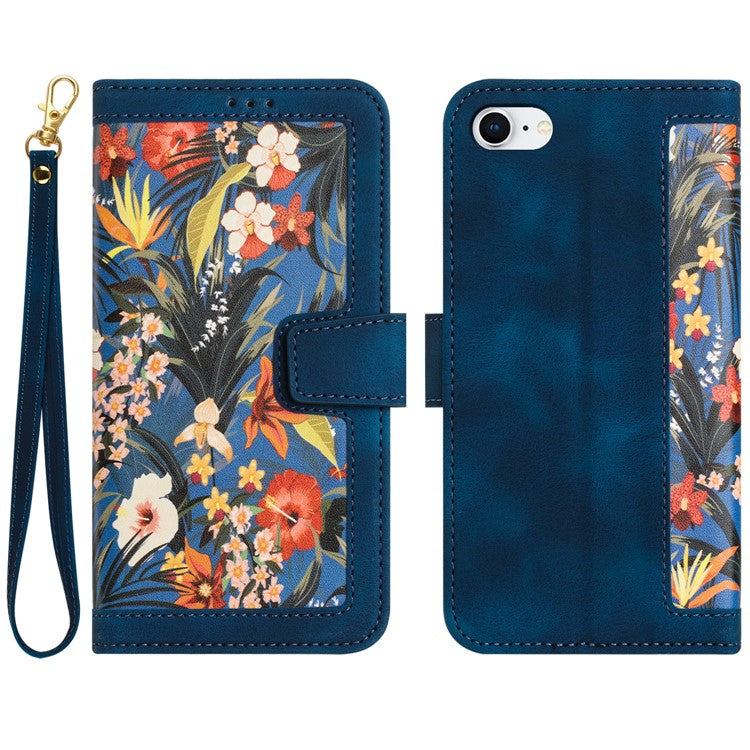 For iPhone 16e Case PU Leather Floral Phone Cover with Card Slots - Dark Blue