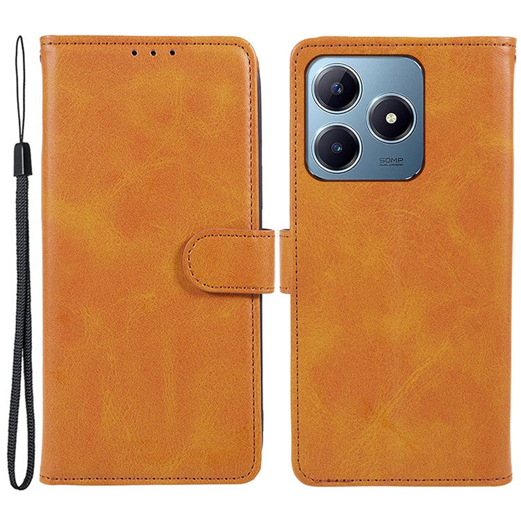 For Realme C63 4G Case Leather Calf Texture Phone Cover Cash and Card Holder Wallet - Khaki