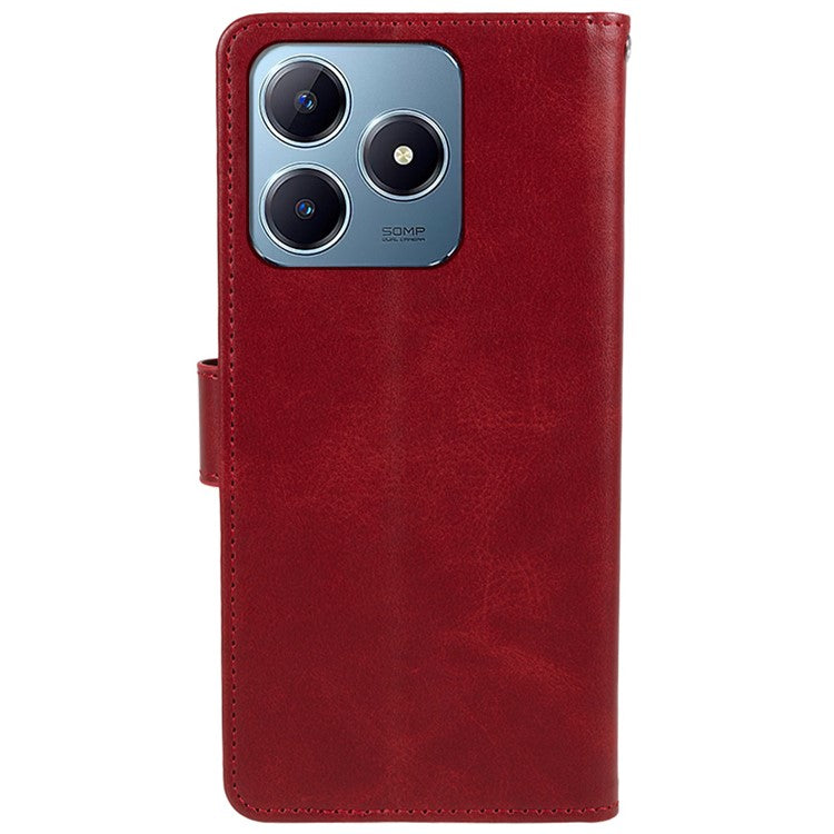 For Realme C63 4G Case Leather Calf Texture Phone Cover Cash and Card Holder Wallet - Red