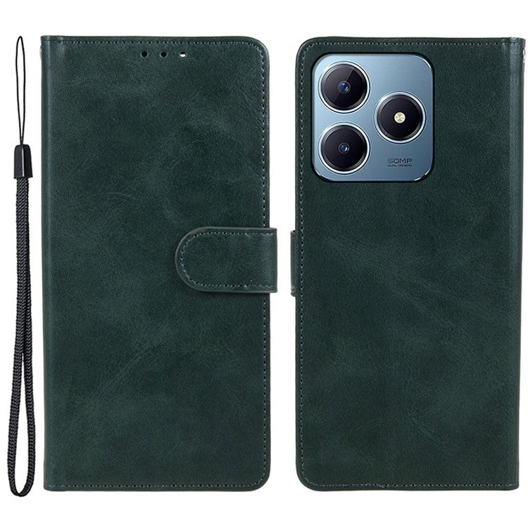 For Realme C63 4G Case Leather Calf Texture Phone Cover Cash and Card Holder Wallet - Midnight Green