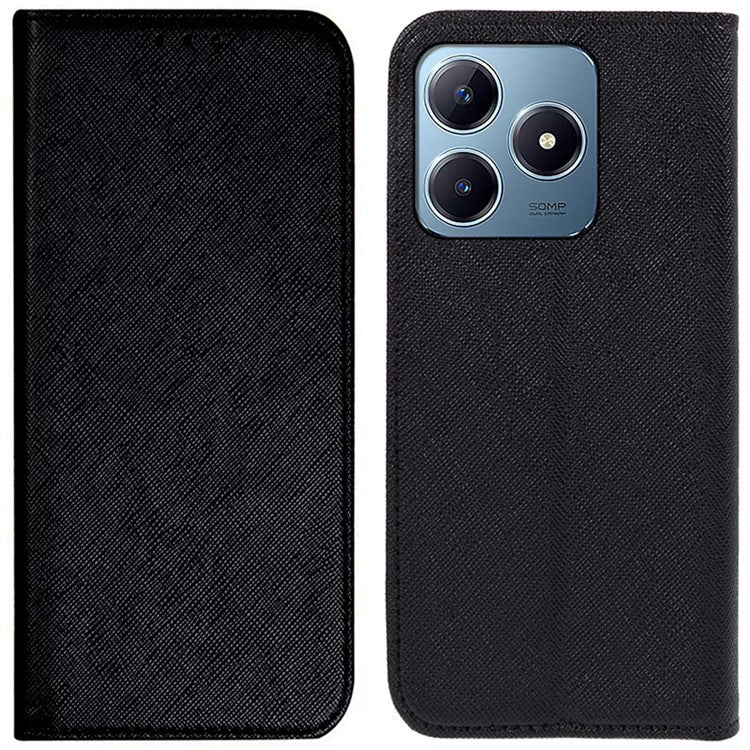 For Realme C63 4G Case Leather Strong Magnetic Closure Phone Cover Cross Texture - Black