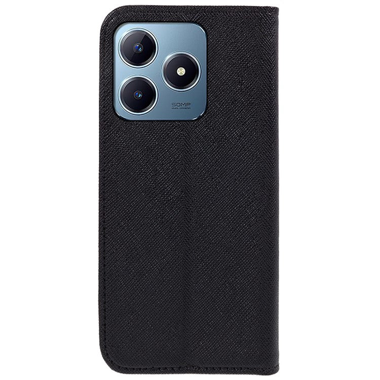 For Realme C63 4G Case Leather Strong Magnetic Closure Phone Cover Cross Texture - Black