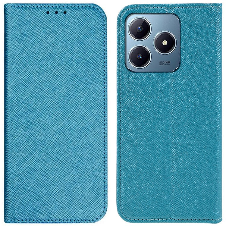 For Realme C63 4G Case Leather Strong Magnetic Closure Phone Cover Cross Texture - Sky Blue