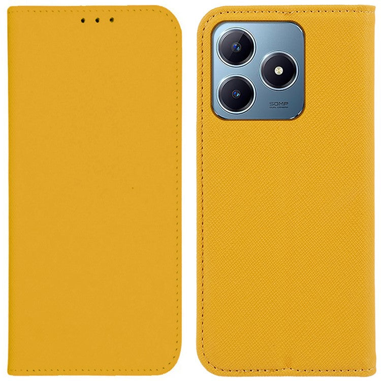 For Realme C63 4G Case Leather Strong Magnetic Closure Phone Cover Cross Texture - Yellow